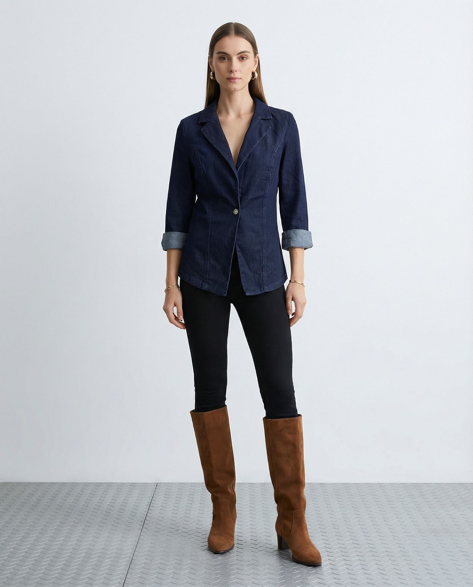 Lacivert Denim Blazer Ceket Slim Fit Şık Kadın Ceket Tek Düğmeli