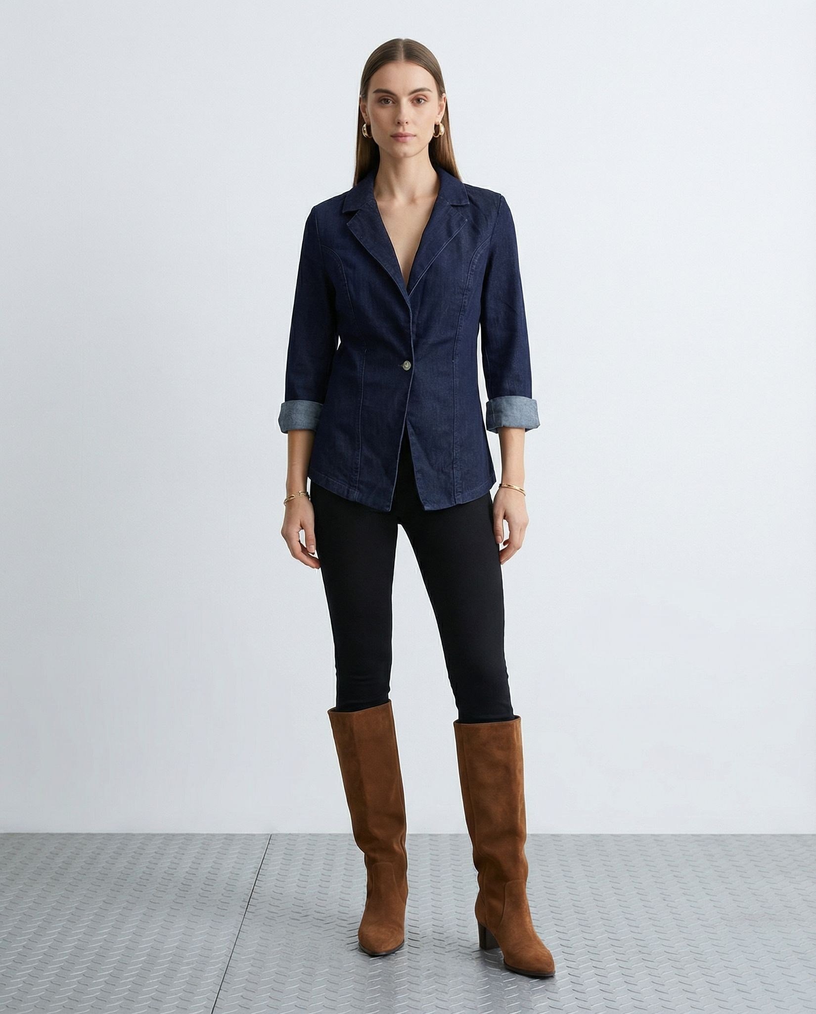 Lacivert Denim Blazer Ceket Slim Fit Şık Kadın Ceket Tek Düğmeli
