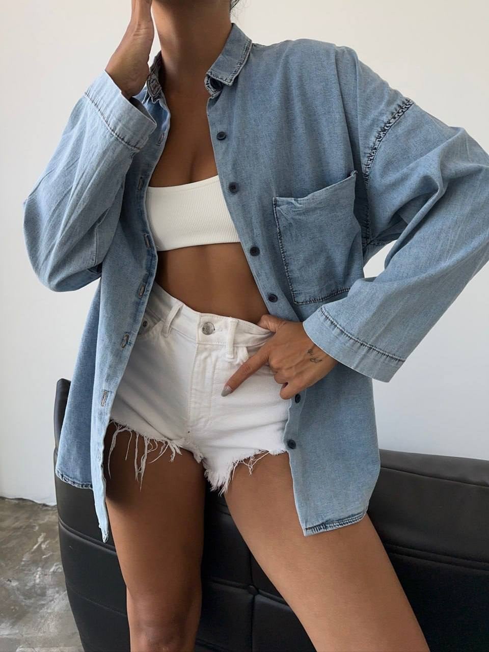 Oversize Kot Gömlek Tek Cepli Salaş Kesim Lıkralı Denim Gömlek