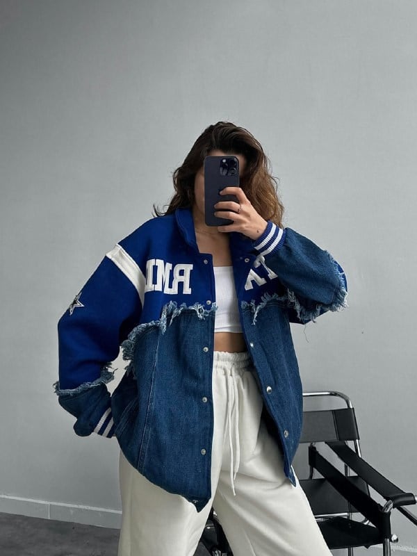 Oversize Parçalı Tasarım Denim & Fleece Bomber Ceket