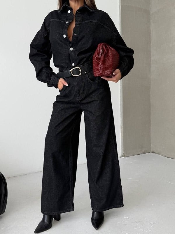 Siyah Denim Düğmeli Geniş Paça Kadın Tulum