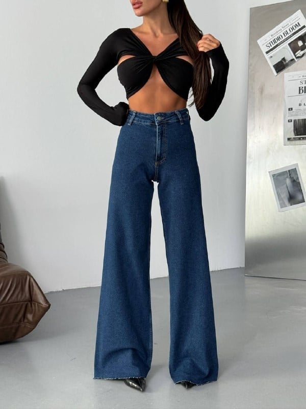 Siyah Yüksek Bel Geniş Paça Wide Leg Denim Jean Pantolon