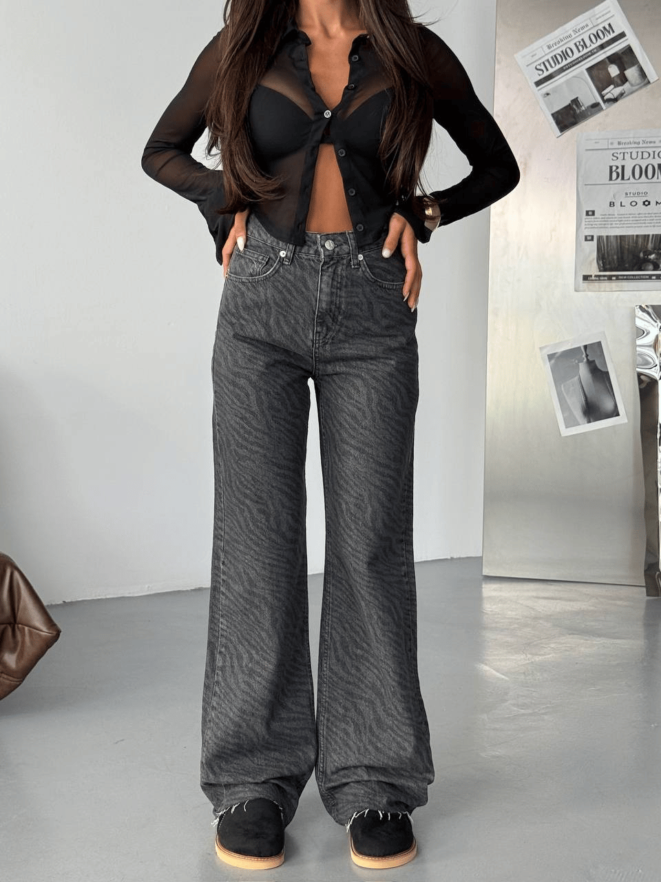 Siyah Zebra Desenli Wide Leg Denim Pantolon