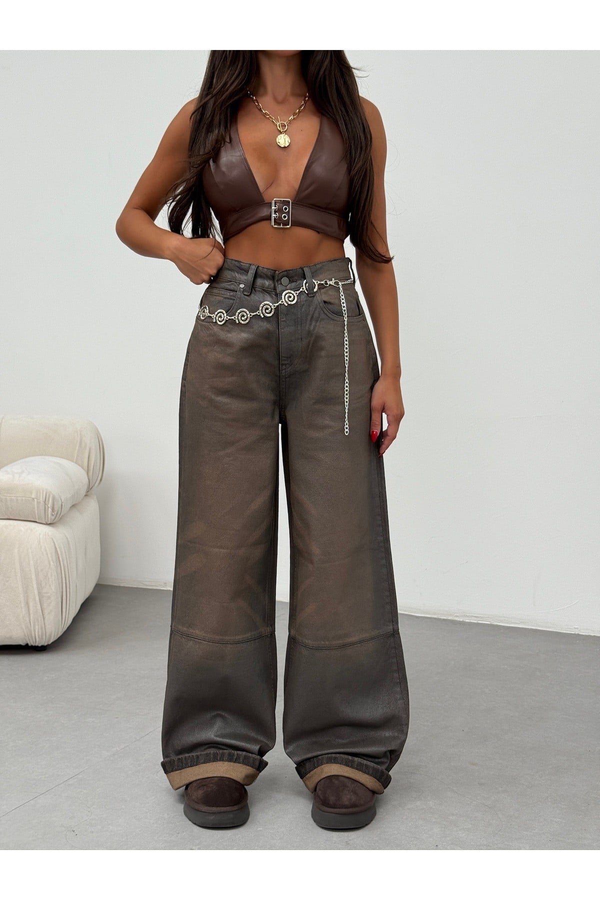 Vintage Kahve Tonlu Wide Leg Denim Pantolon