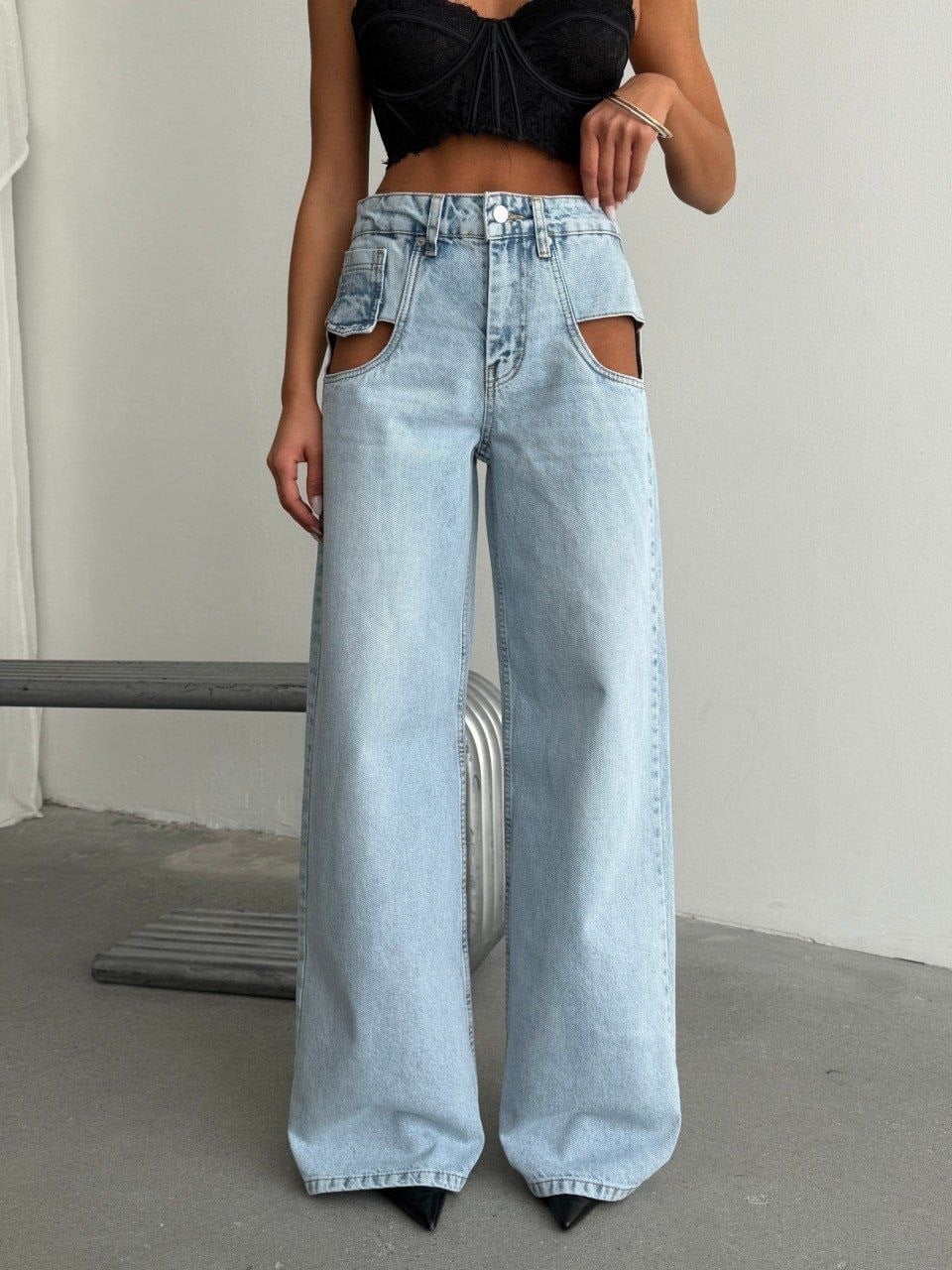Yan Pencereli Geniş Paça Denim Pantolon