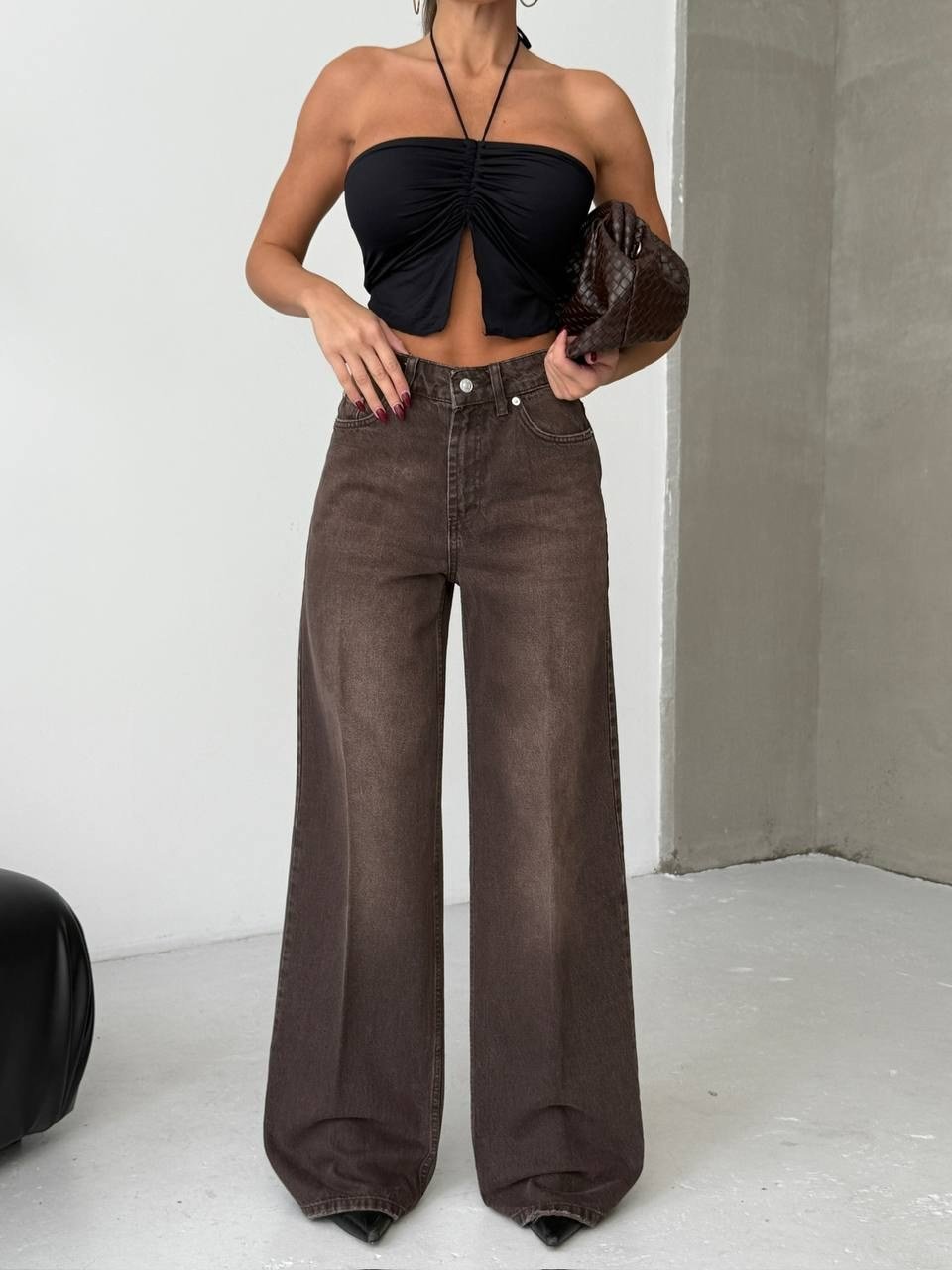 Yıkamalı Geniş Paça Denim Pantolon