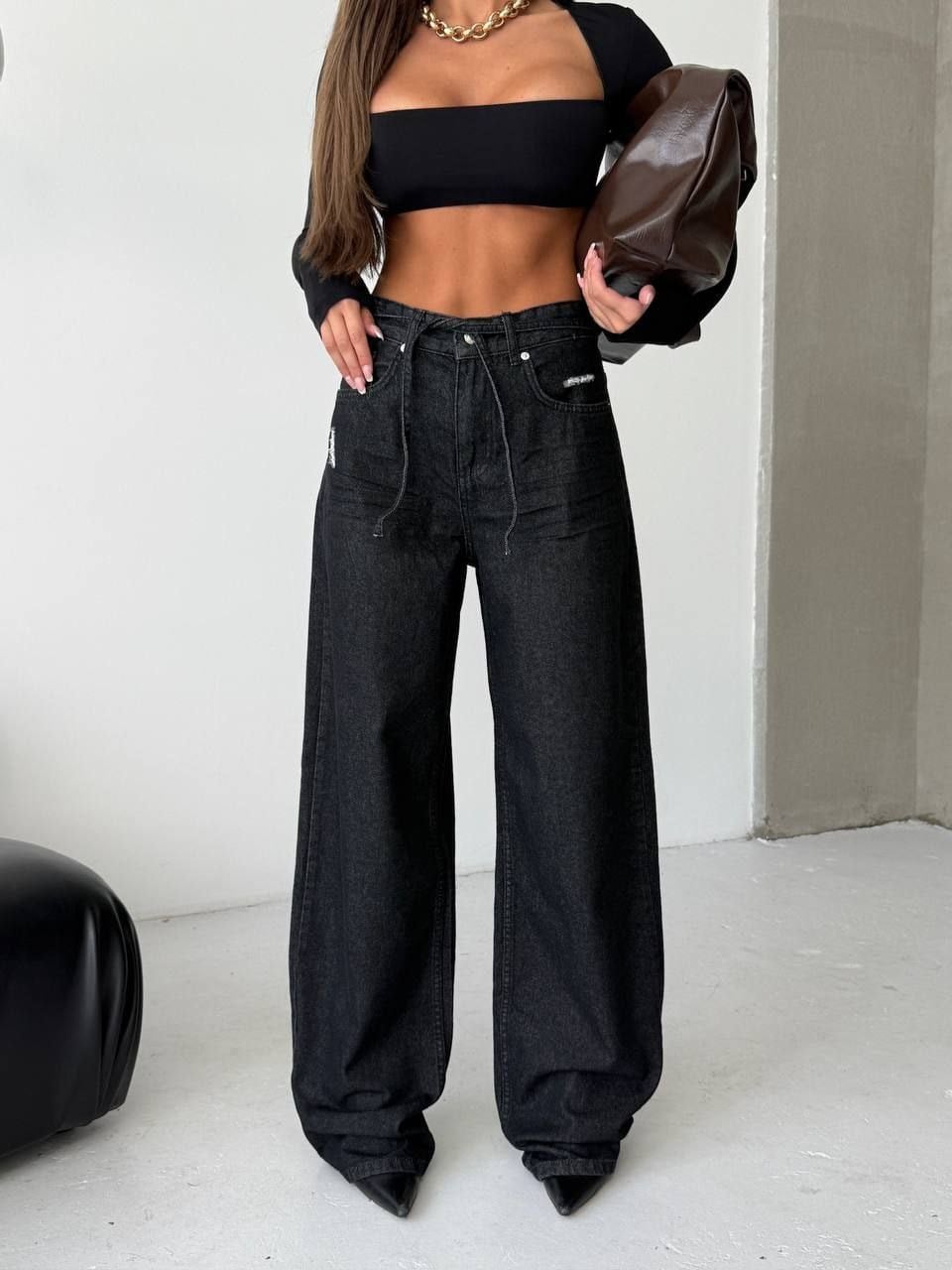 Yüksek Bel Arka Yırtıklı Wide Leg Denim Pantolon