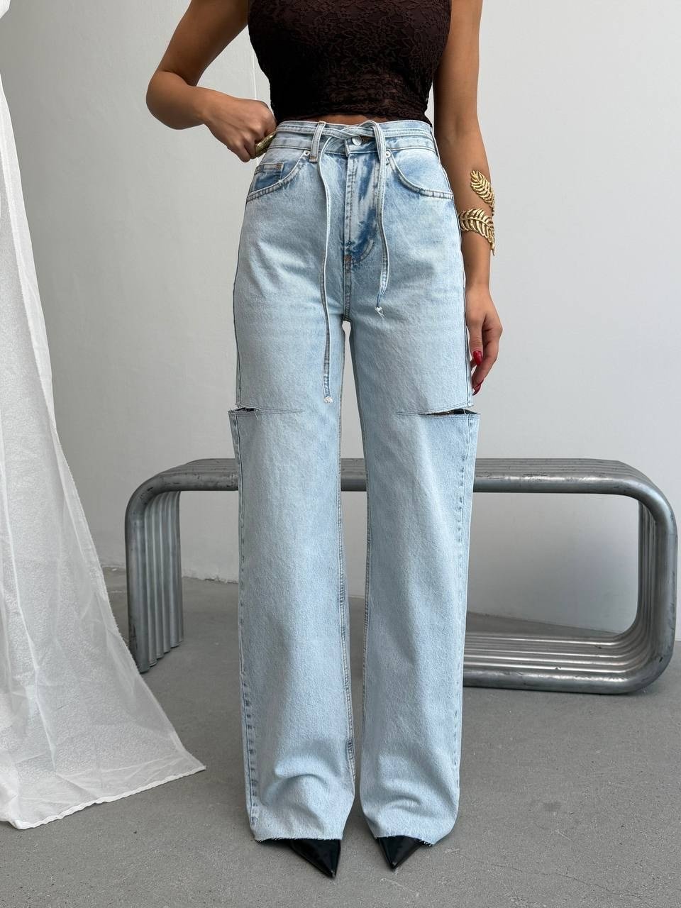 Yüksek Bel Asimetrik Geniş Paça Pamuklu  Denim Pantolon