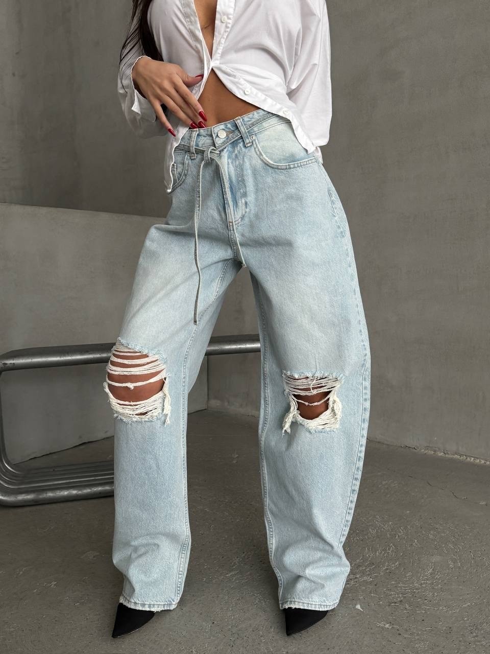 Yüksek Bel Dizleri Yırtık Wide Leg Jean Pantolon