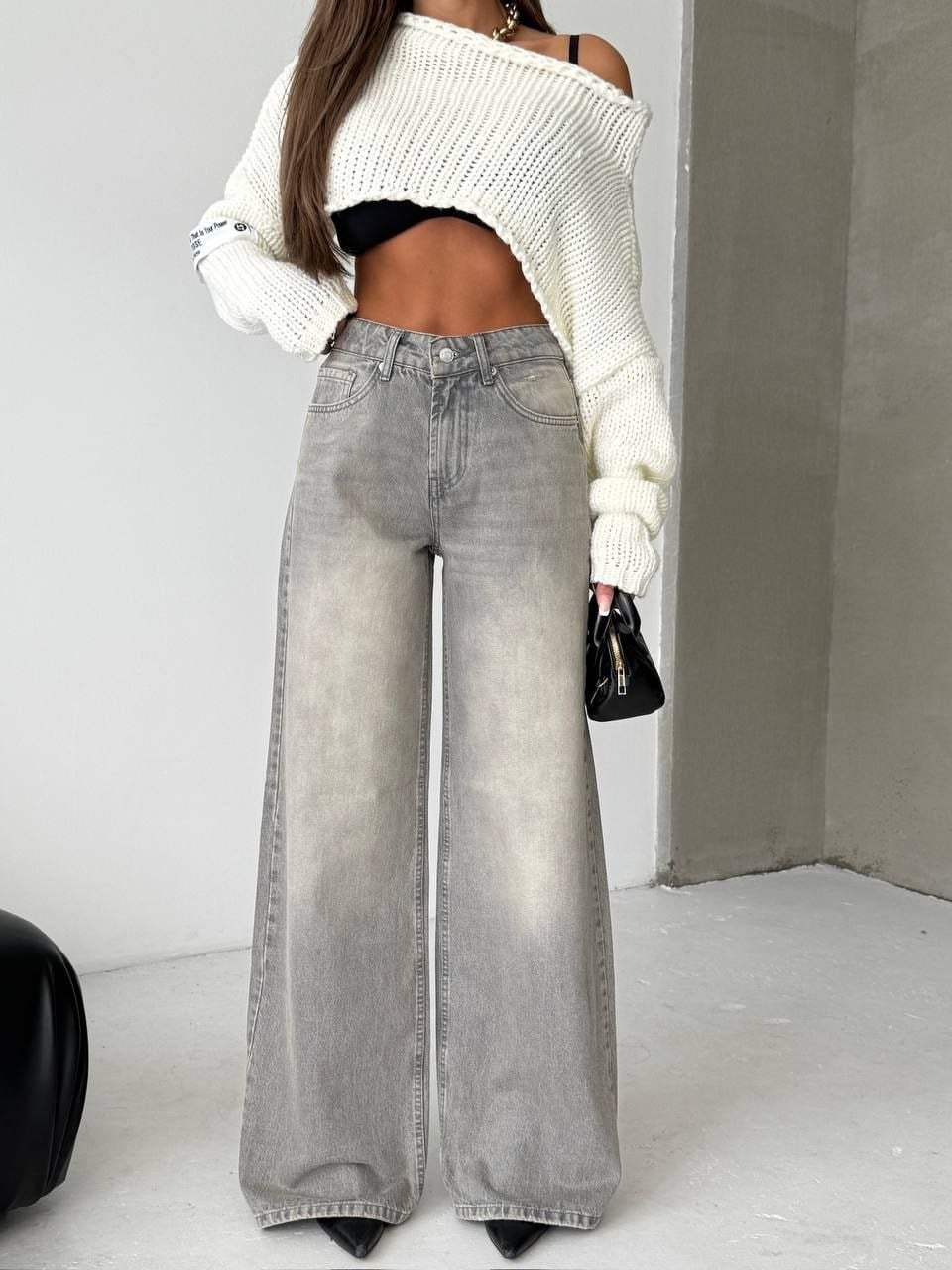 Yüksek Bel Geniş Paça Denim Jean Pantolon