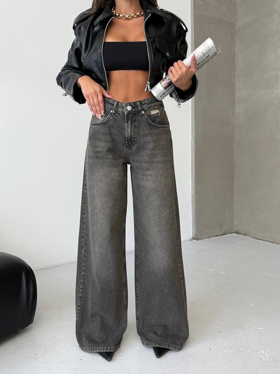 Yüksek Bel Geniş Paça Yıkamalı Denim Pantolon