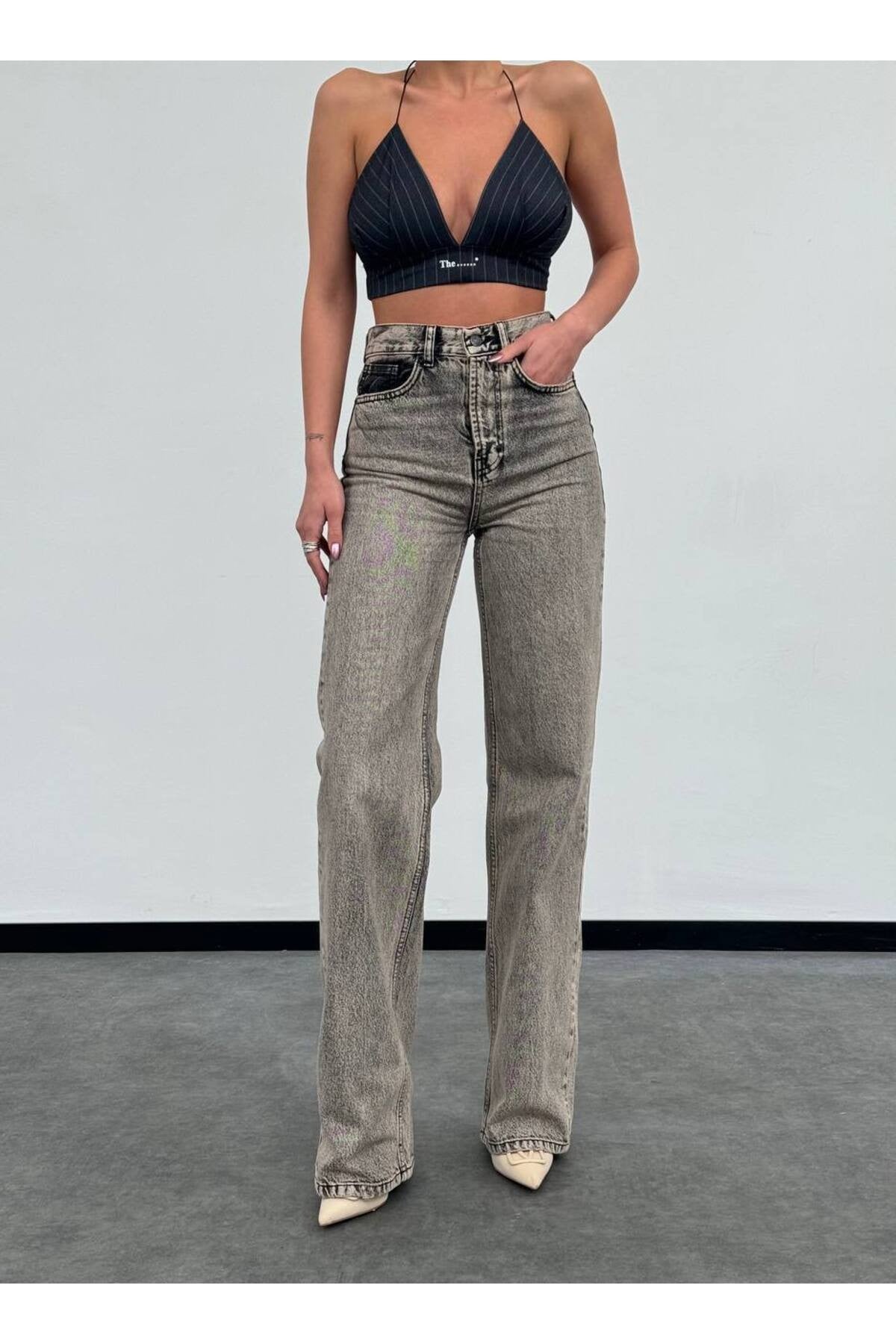 Yüksek Bel Gri Yıkamalı Straight Fit Denim Pantolon