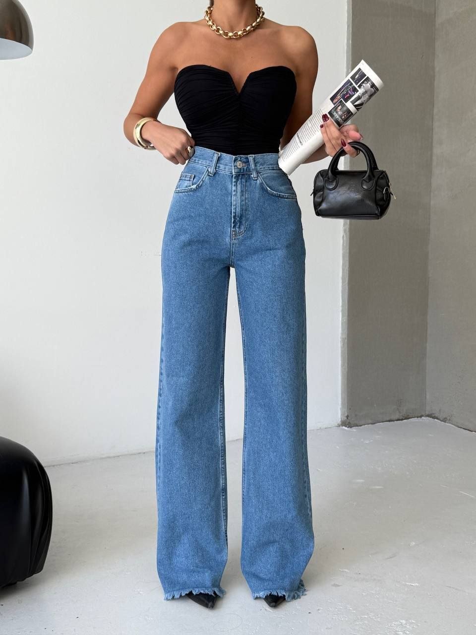 Yüksek Bel Paça Püsküllü Geniş Kesim Denim Pantolon – Mavi