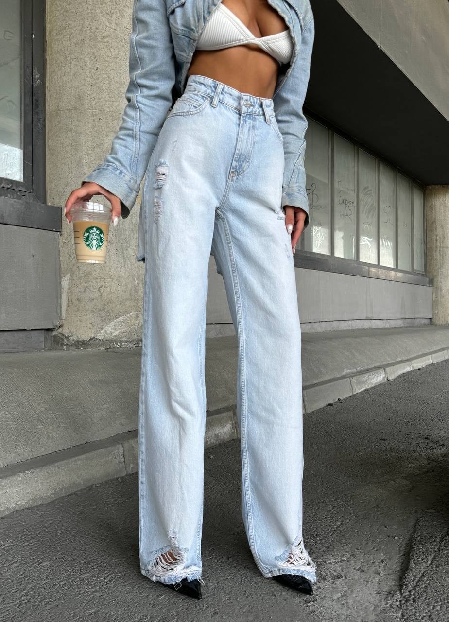 Yüksek Bel Yırtık Detaylı Geniş Paça Denim Pantolon