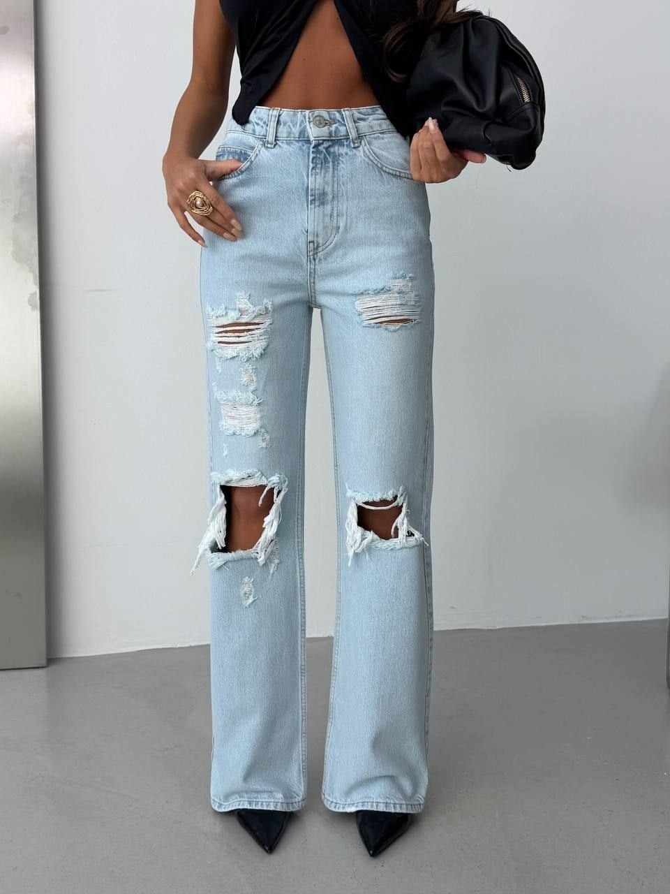 Yüksek Bel Yırtık Detaylı Geniş Paça Jean Pantolon