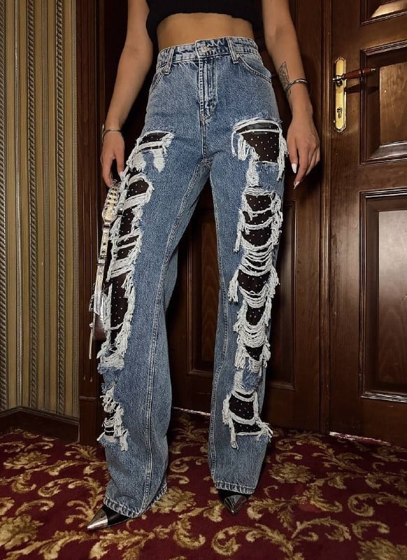 Yüksek Bel Yırtık Detaylı Wide Leg Kadın Jean Pantolon – Modern Kesim, Rahat Kalıp