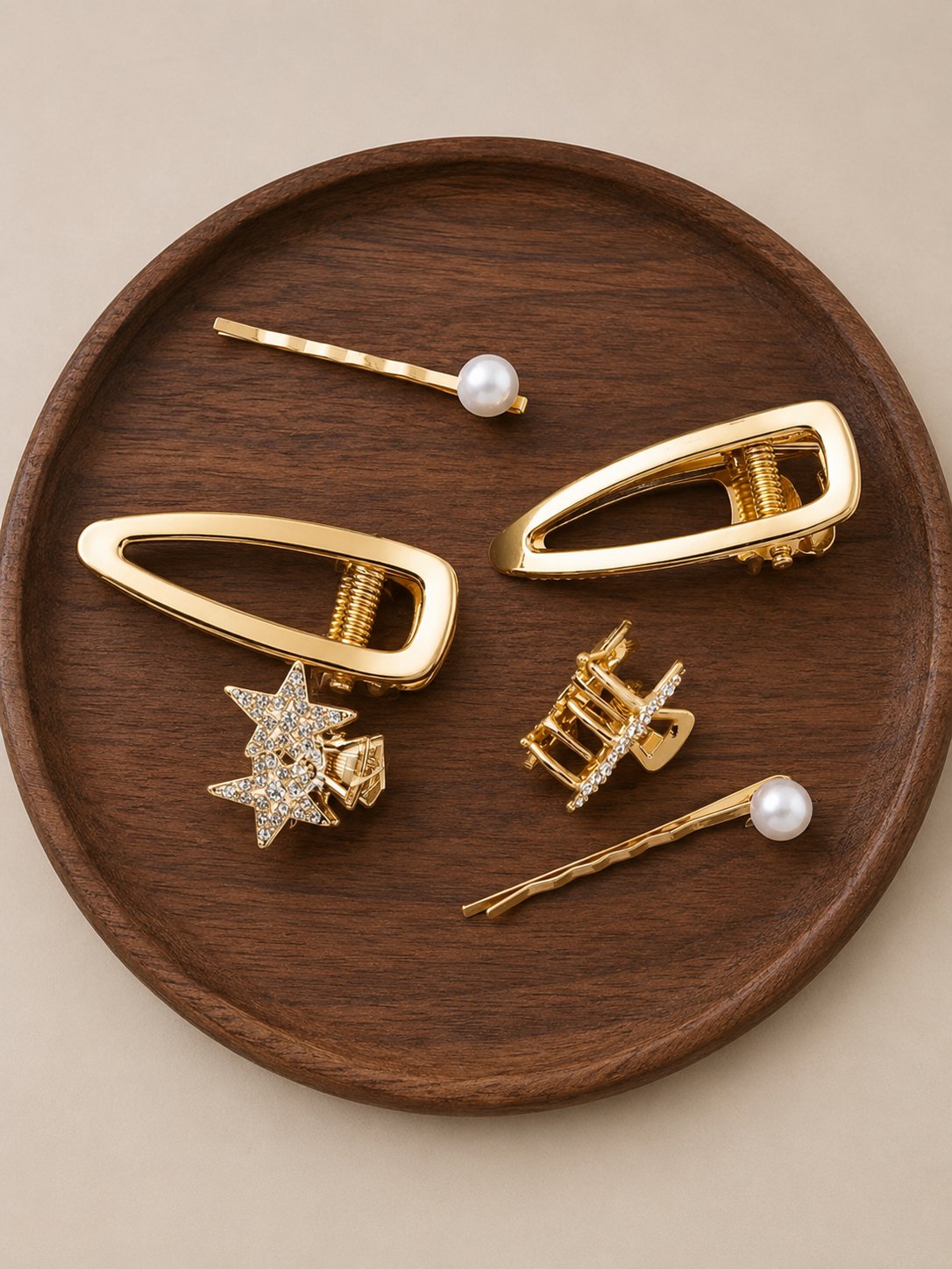 Zirkon Taşlı Yıldız Mandal Toka(3cm), Gold Mandal Toka (6cm) ve İncili Tel Toka Seti