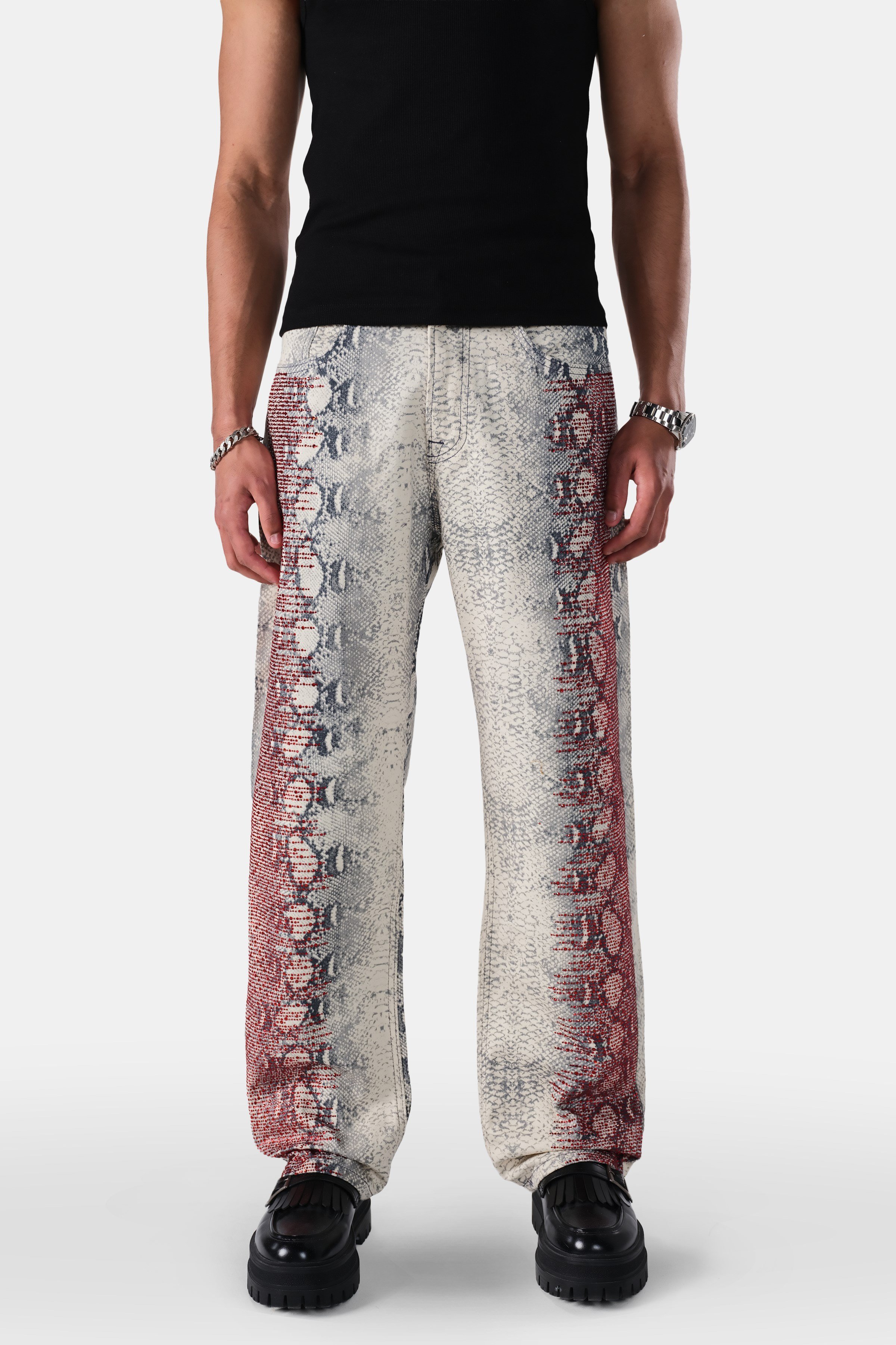 Taş Detaylı Baskılı Baggy Jean