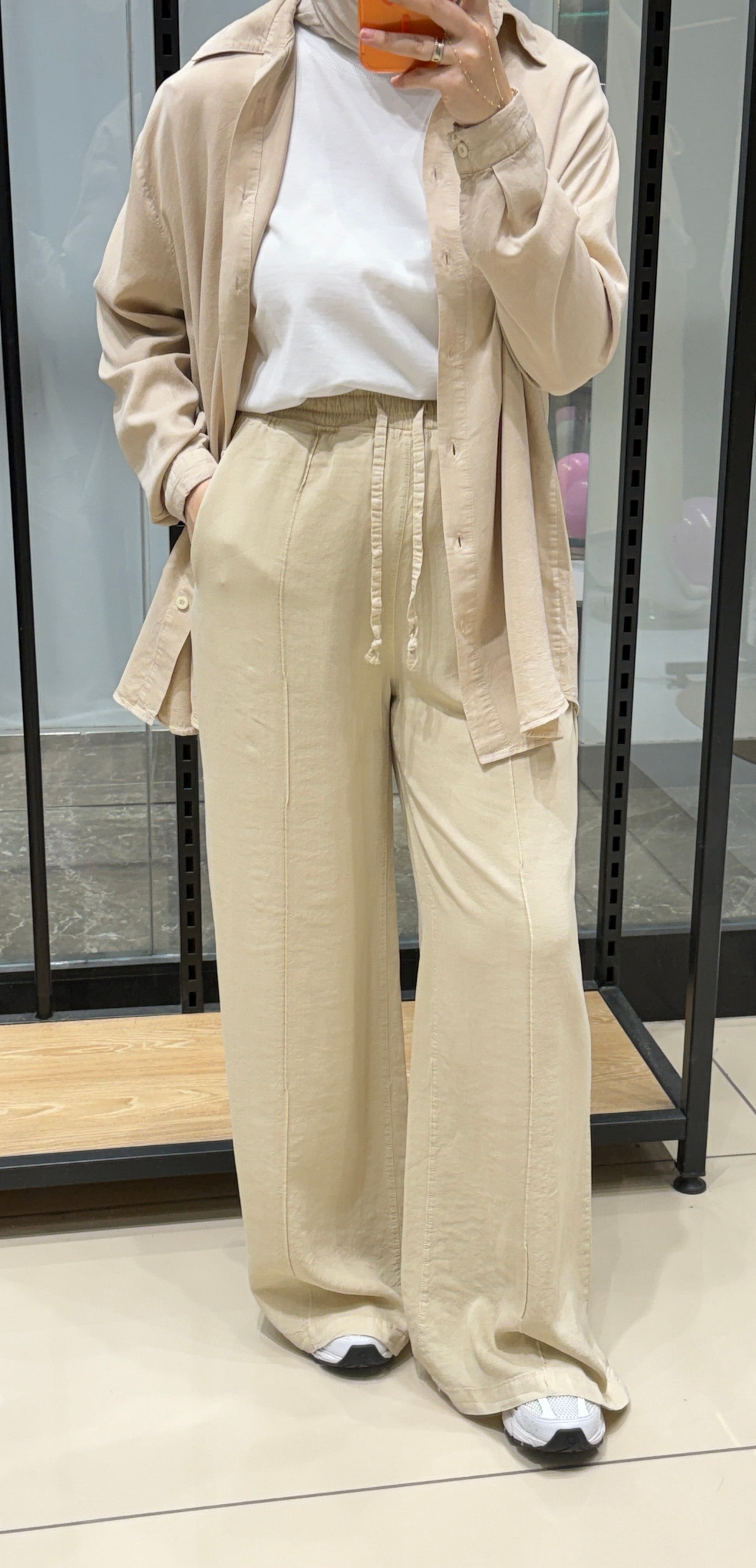 PAMUKLU TENSEL PANTOLON - KREM 