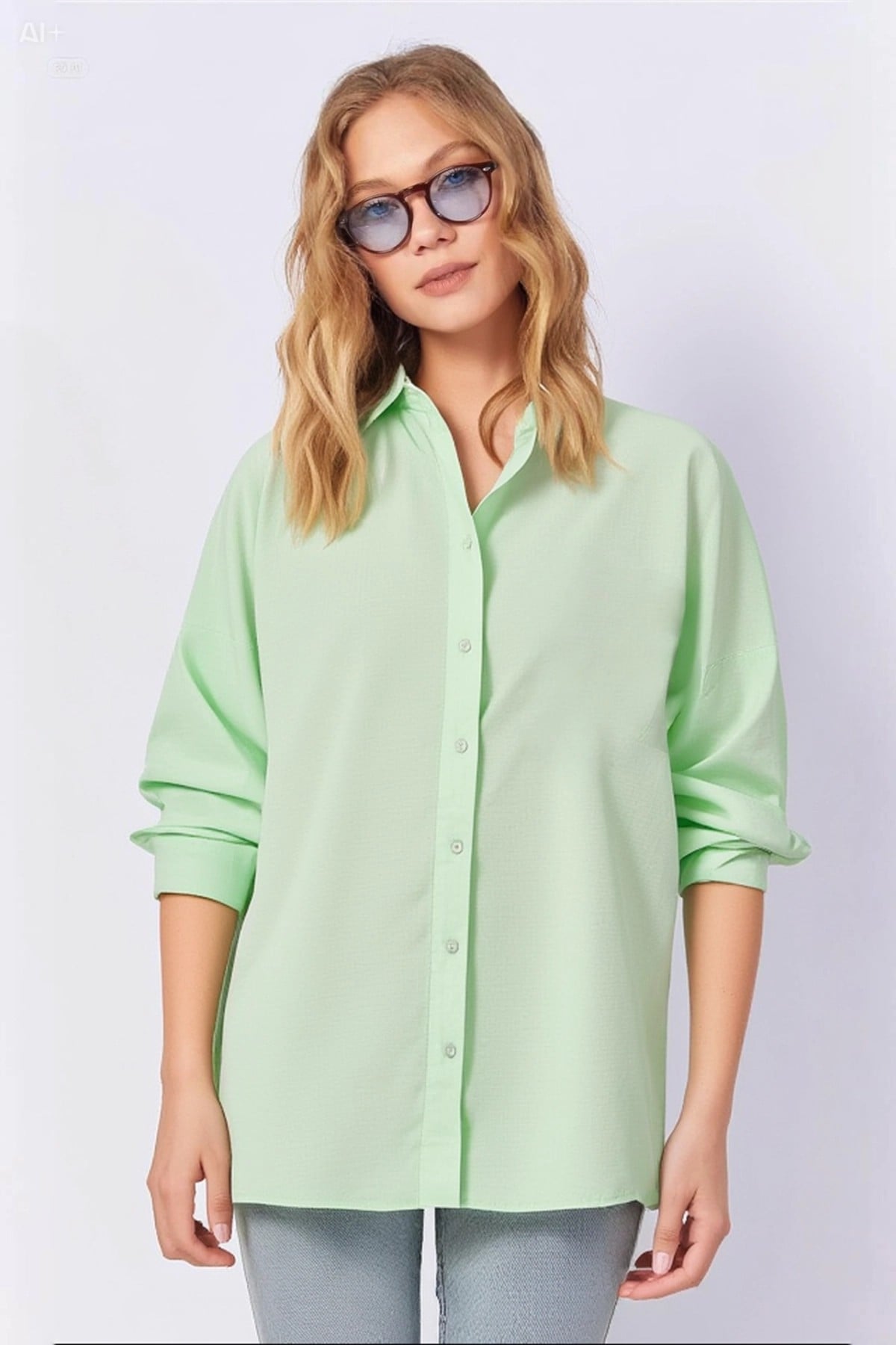 Kadın Açık Yeşil Oversize Uzun Basic Gömlek HZL22W-BD139001