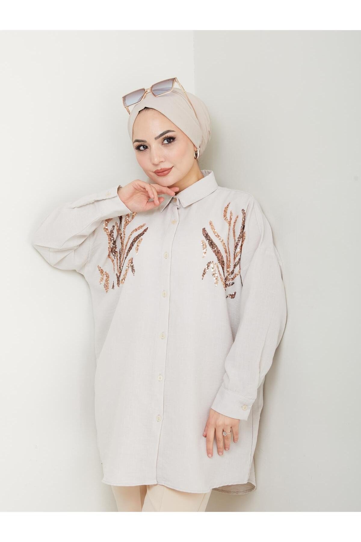 Kadın Bej Payet Desen Standart Beden Oversize Tesettür Gömlek YS25-LV003
