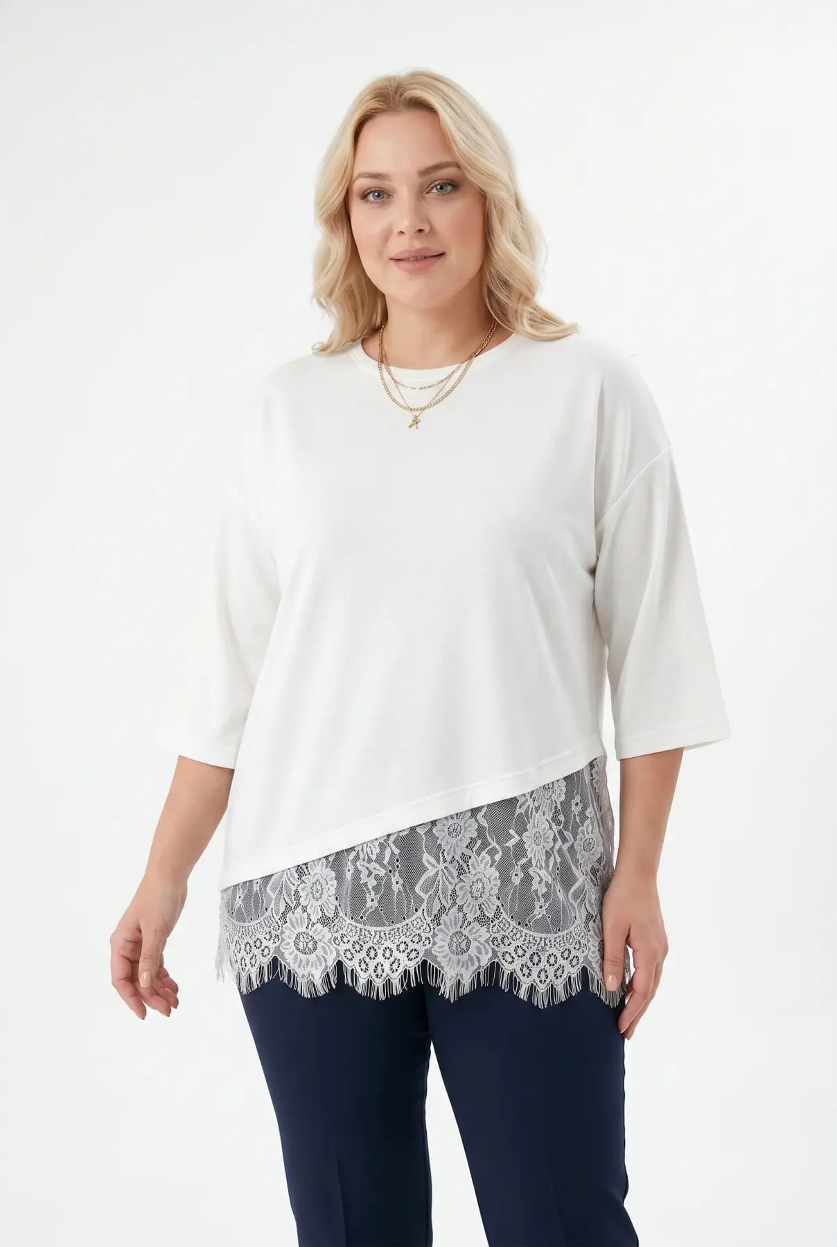 Kadın Beyaz Büyük Beden Bisiklet Yaka Tül Detaylı Yarım Kol T-Shirt HZL26S-ZSS19521