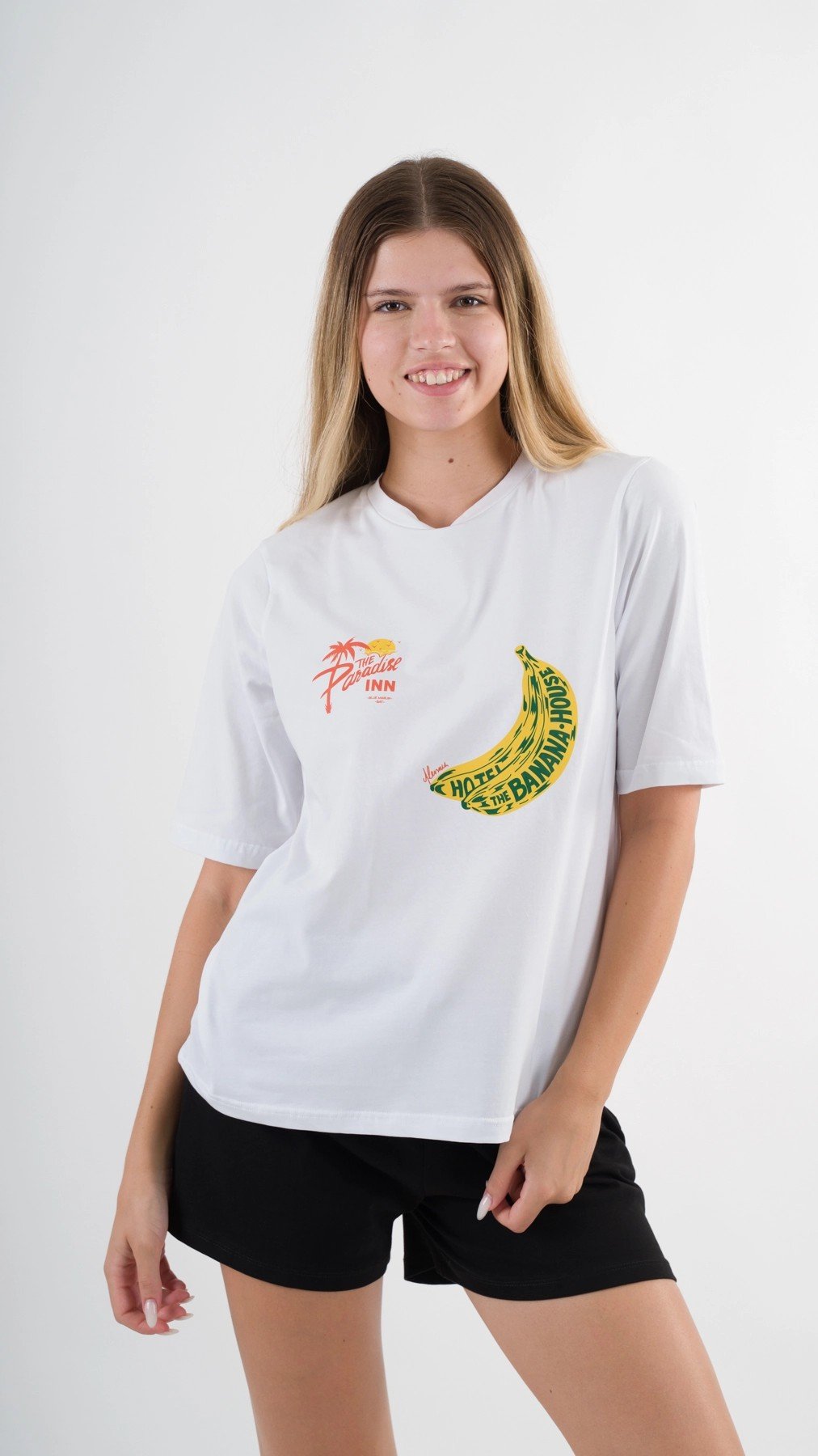 Kadın Beyaz Sarı Banana House Baskılı Bisiklet Yaka T-Shirt HZL24S-YY302