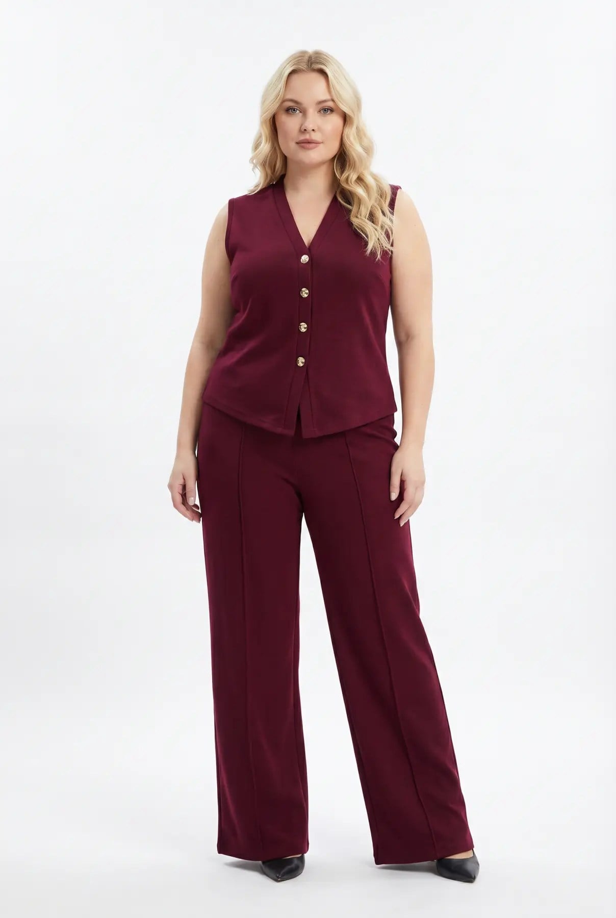 Kadın Bordo Büyük Beden V Yaka Yelek Pantolon İkili Takım HZL26S-PR12131