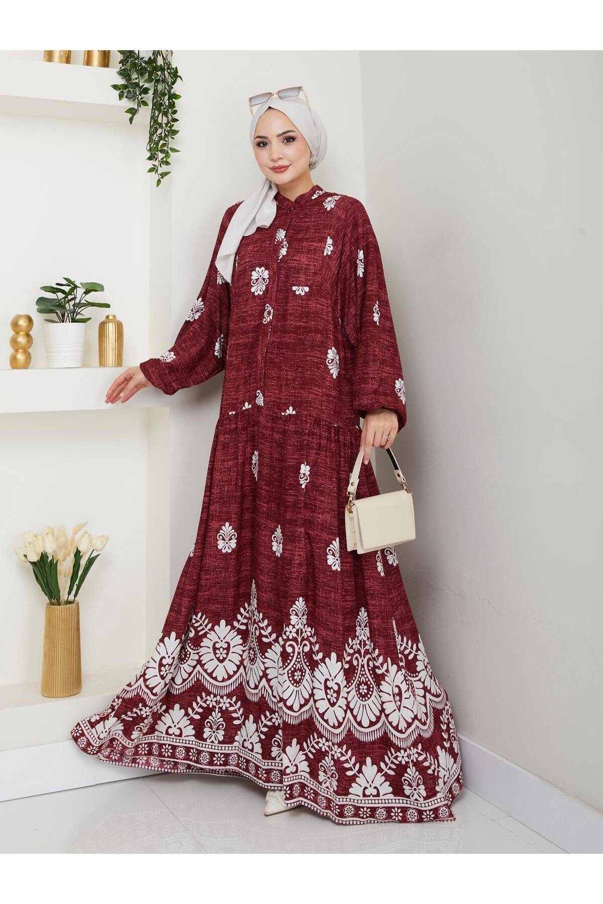 Kadın Bordo Etnik Desen Hakim Yaka Tesettür Elbise Ys25-lv004