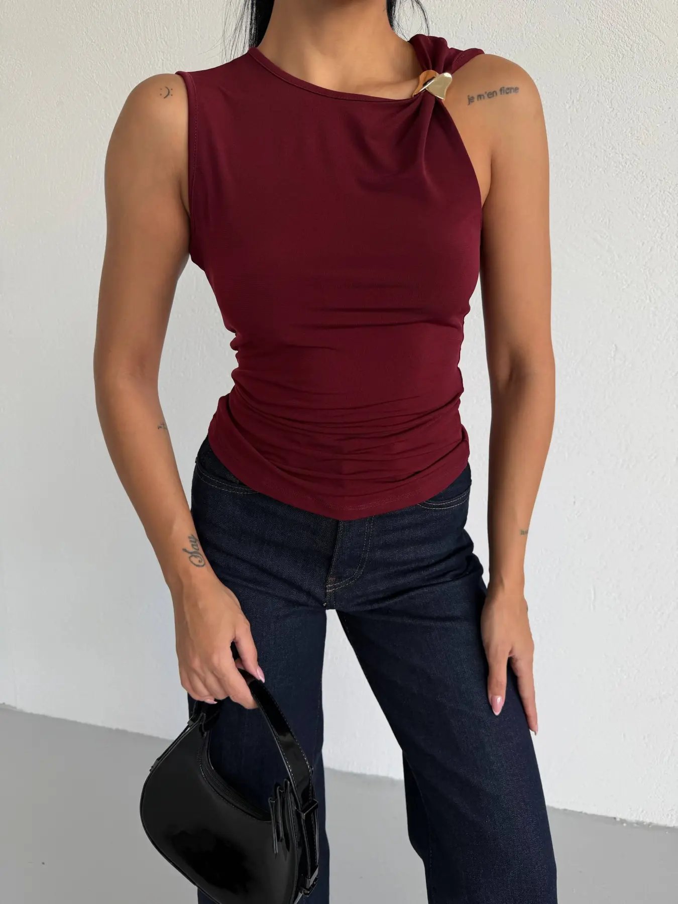 Kadın Bordo Gold Tokalı Omuz Detaylı Sandy Bluz HZL26W-FRY123761