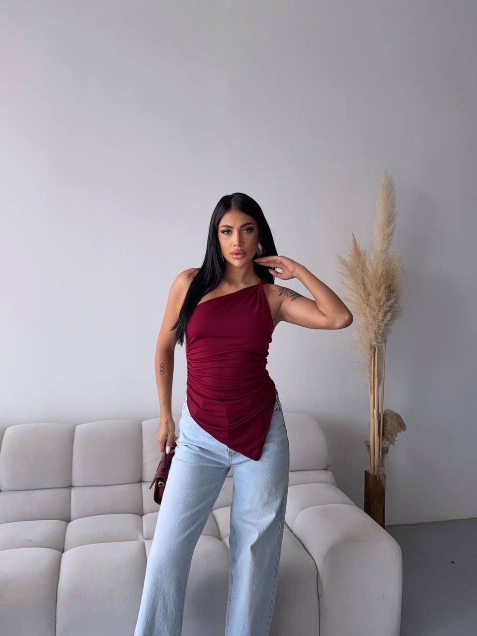 Kadın Bordo Tek Omuz Asimetrik Kesim Sandy Bluz HZL25S-FRY123241