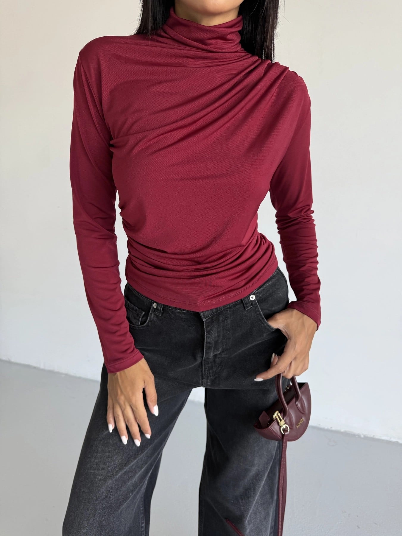 Kadın Bordo Uzun Kollu Drape Detaylı Boğazlı Sandy Bluz HZL25W-FRY123301