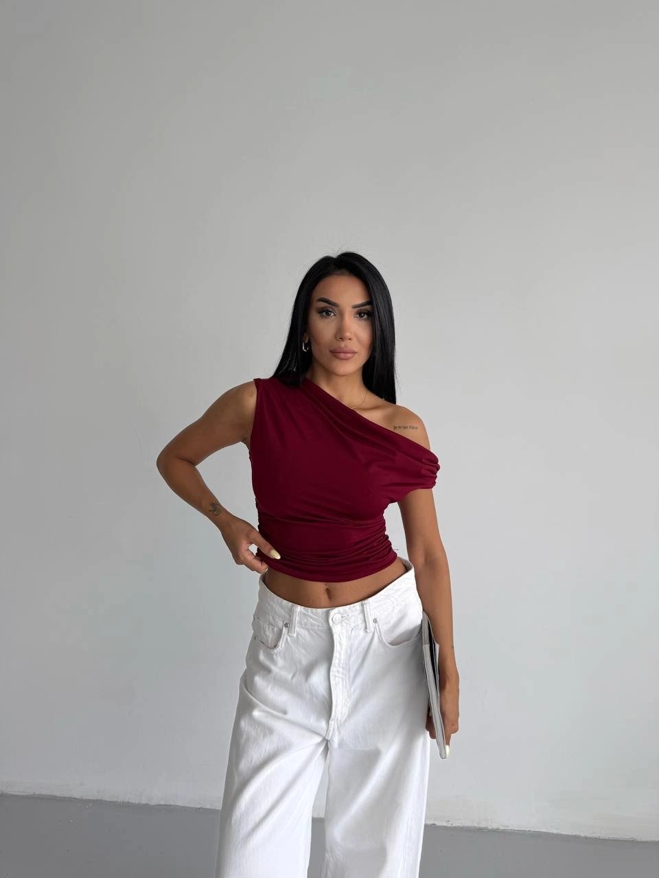 Kadın Bordo Yandan Drapeli Kayık Yaka Sandy Bluz HZL25S-FRY123201