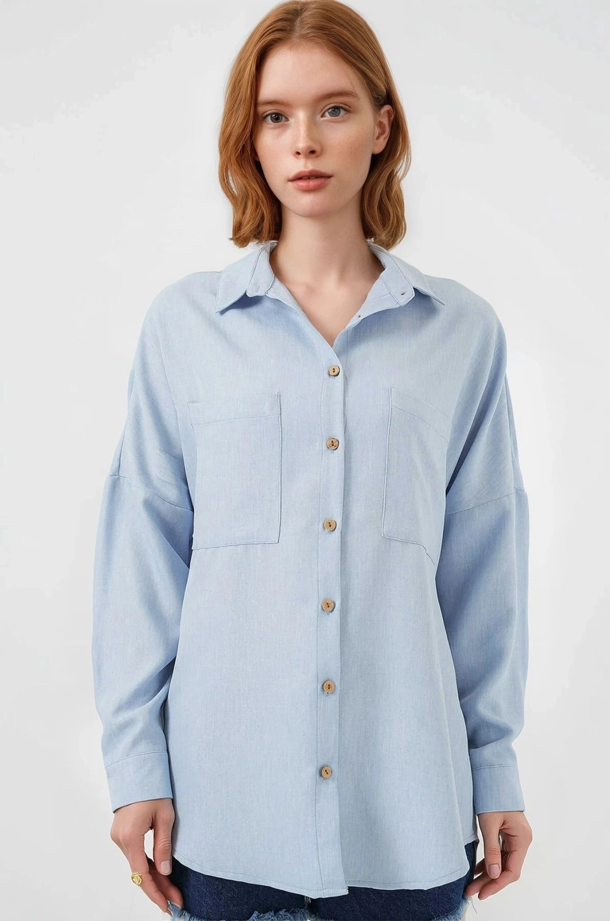 Kadın Buz Mavi Oversize Çift Cepli Keten Gömlek HZL22S-BD1201261