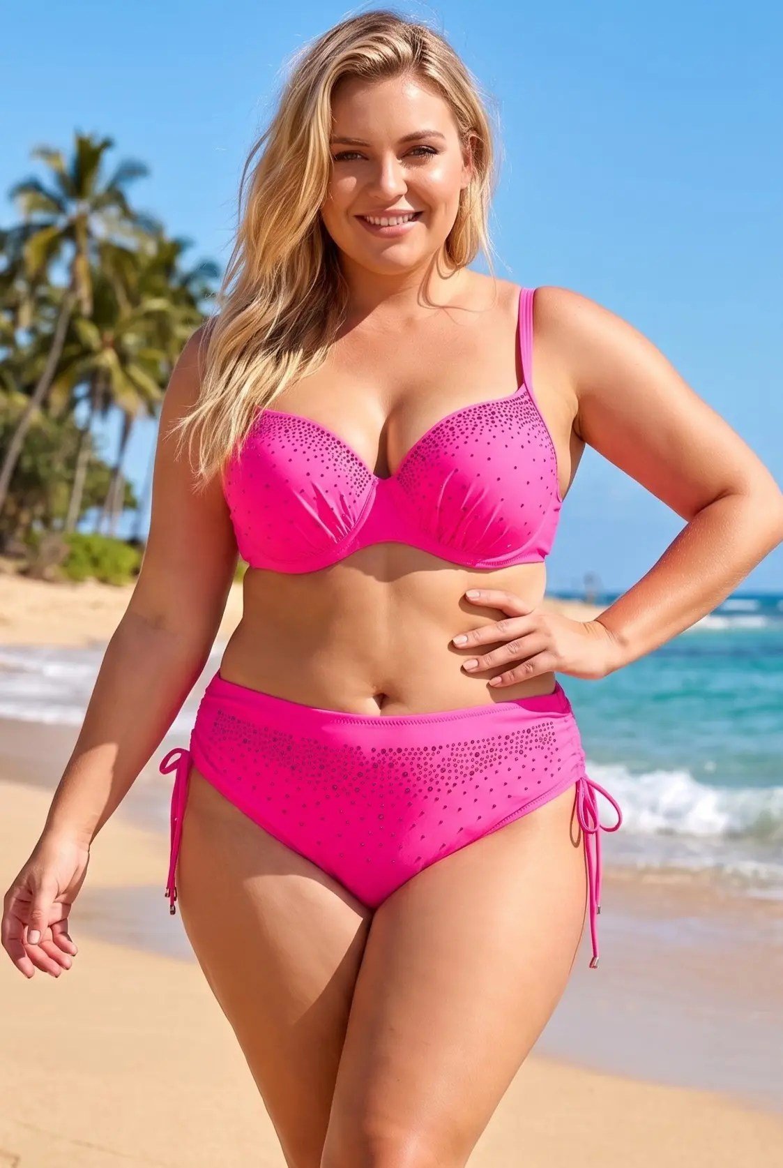 Kadın Canlı Pembe Büyük Beden Taş İşlemeli Astarlı Bikini Takım HZL25S-LC2099