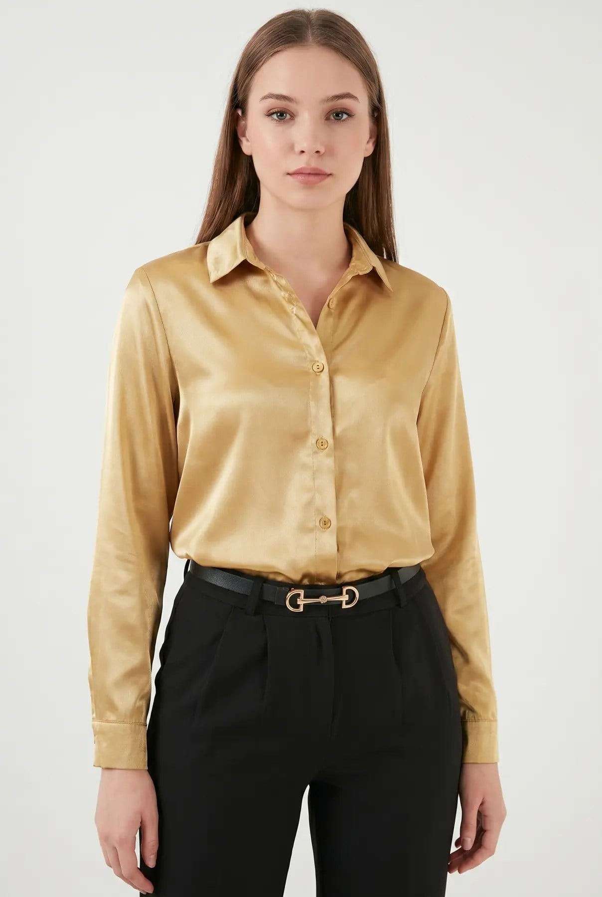Kadın Gold Hafif Dökümlü Saten Yüzeyli Gömlek HZL22W-BD139641