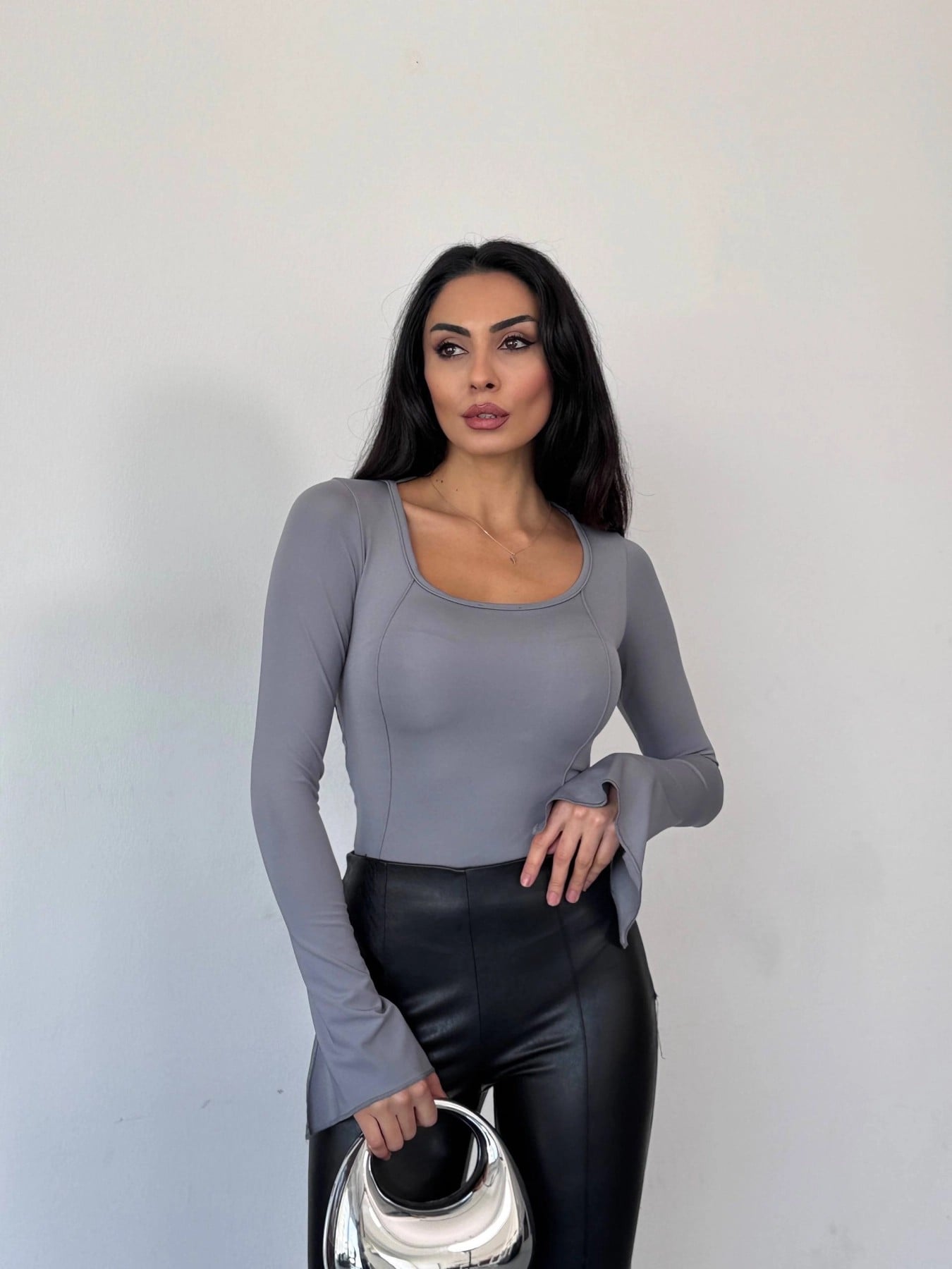 Kadın Gri Uzun Kollu Arkası Bağlamalı Fit Kesim Crop Bluz HZL25W-FRY122771