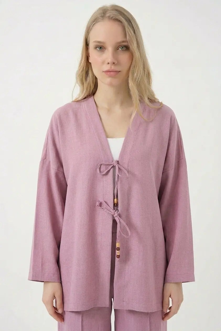 Kadın Gül Kurusu Keten Bağlama Detaylı Kimono Pantolon İkili Takım HZL26S-BD167271