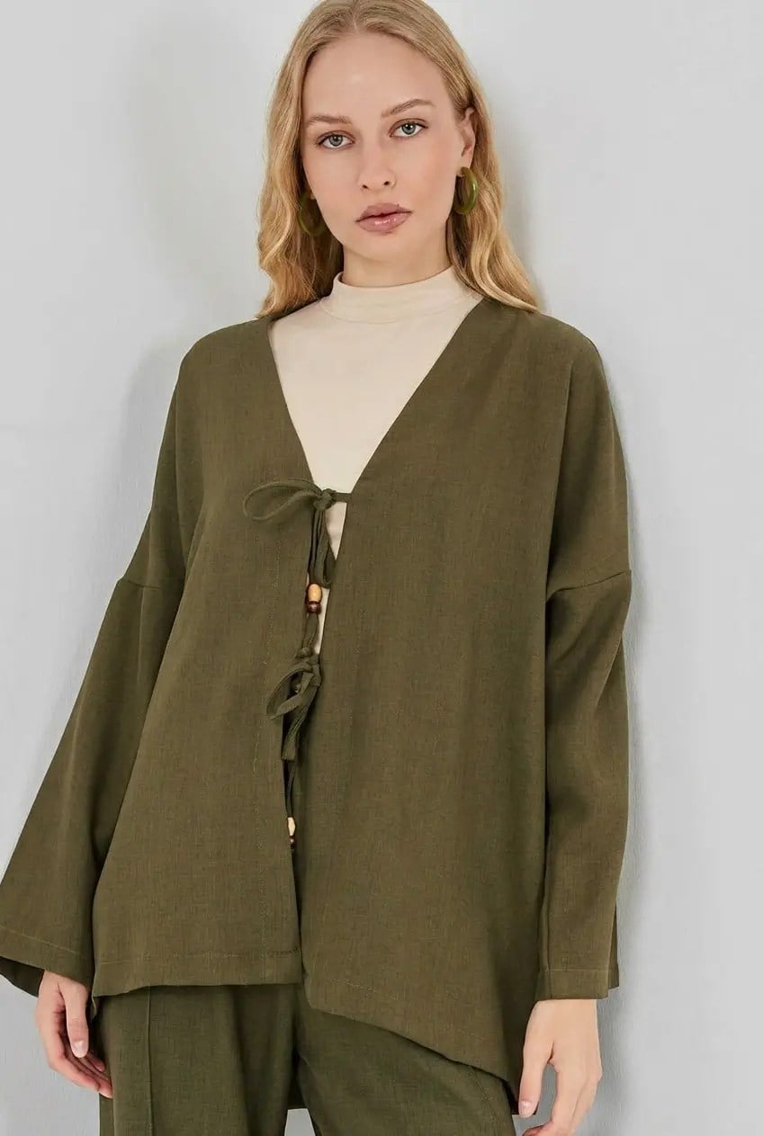 Kadın Haki Keten Bağlama Detaylı Kimono Pantolon İkili Takım HZL26S-BD167271