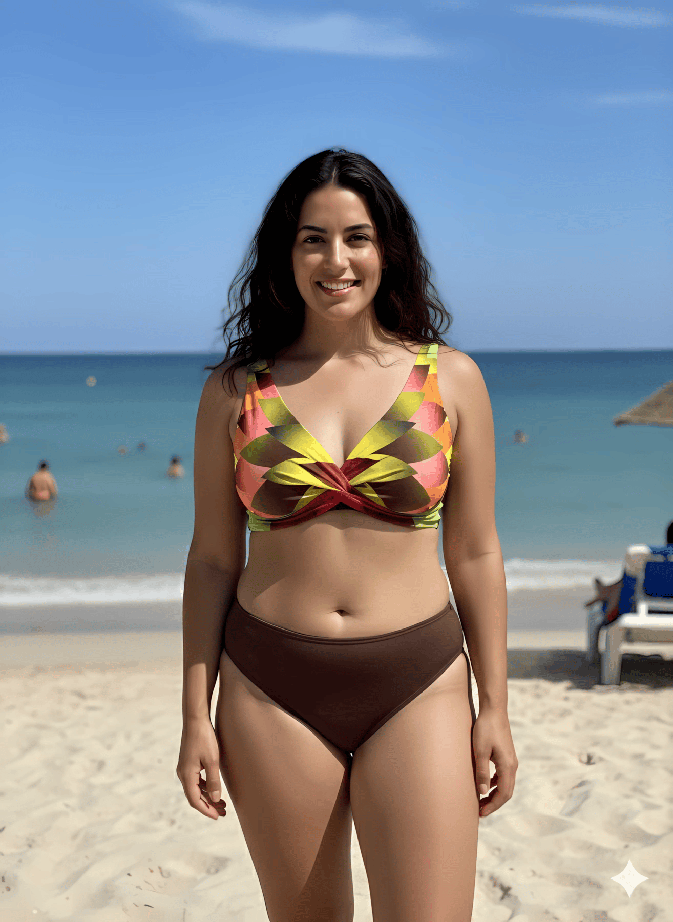 Kadın Kahverengi Çok Renkli Yüksel Bel Astarlı Büyük Beden Bikini Takımı HZL25S-LC22315