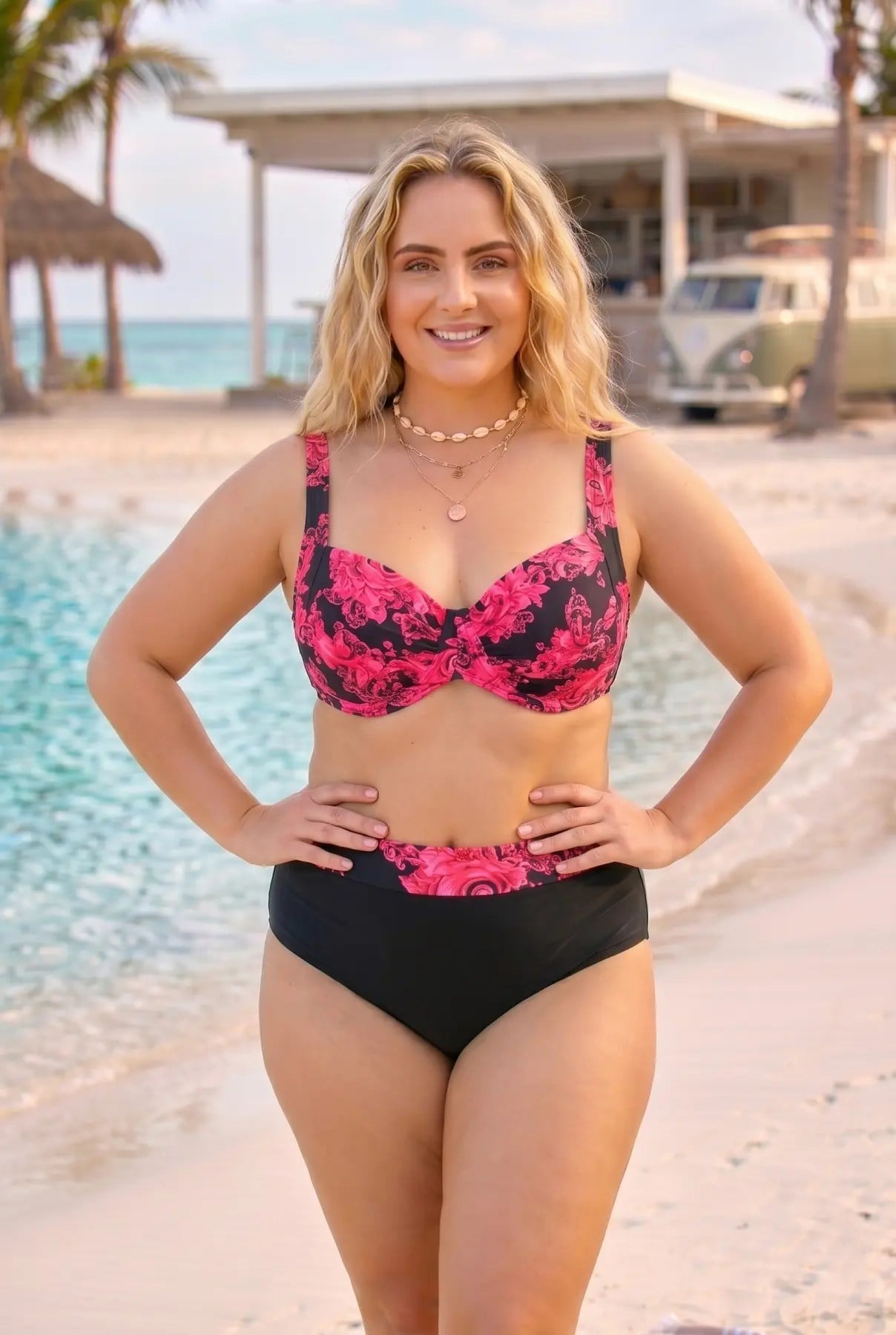 Kadın Kırmızı Siyah Büyük Beden Barok Desenli Yüksel Bel Toparlayıcı Bikini Takımı HZL26S-LC6138-2