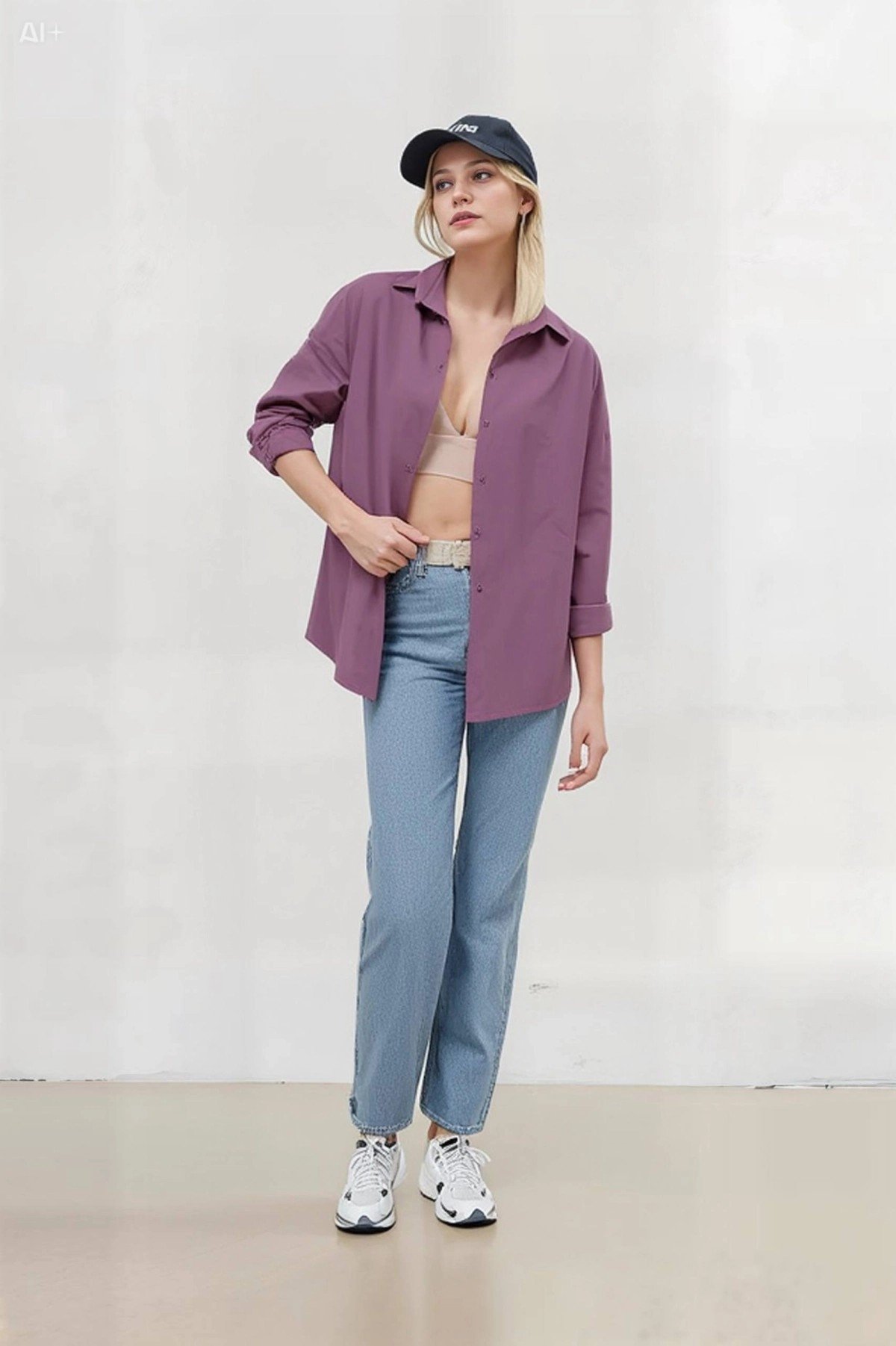 Kadın Koyu Lila Oversize Uzun Basic Gömlek HZL22W-BD139001
