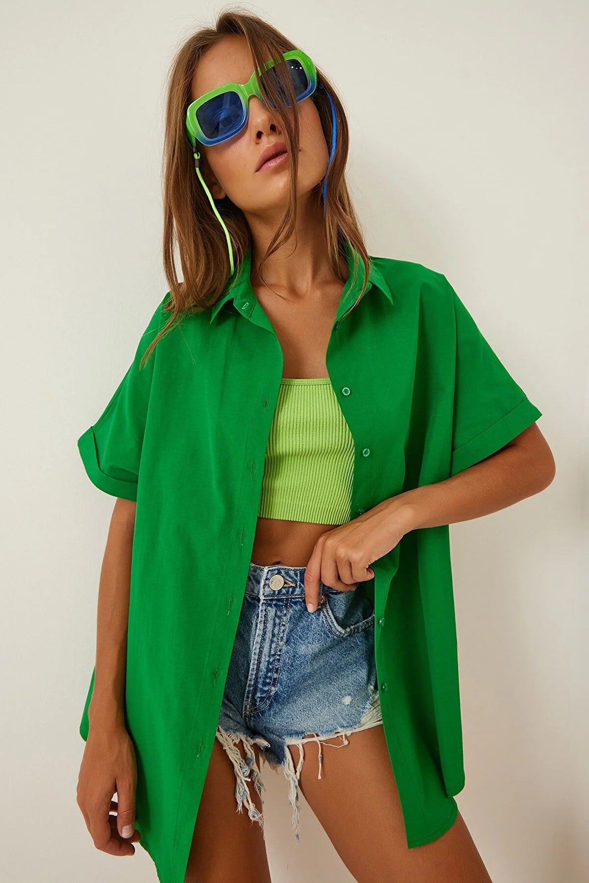 Kadın Koyu Yeşil Oversize Uzun Kısa Kollu Basic Poplin Gömlek HZL22S-BD1201201