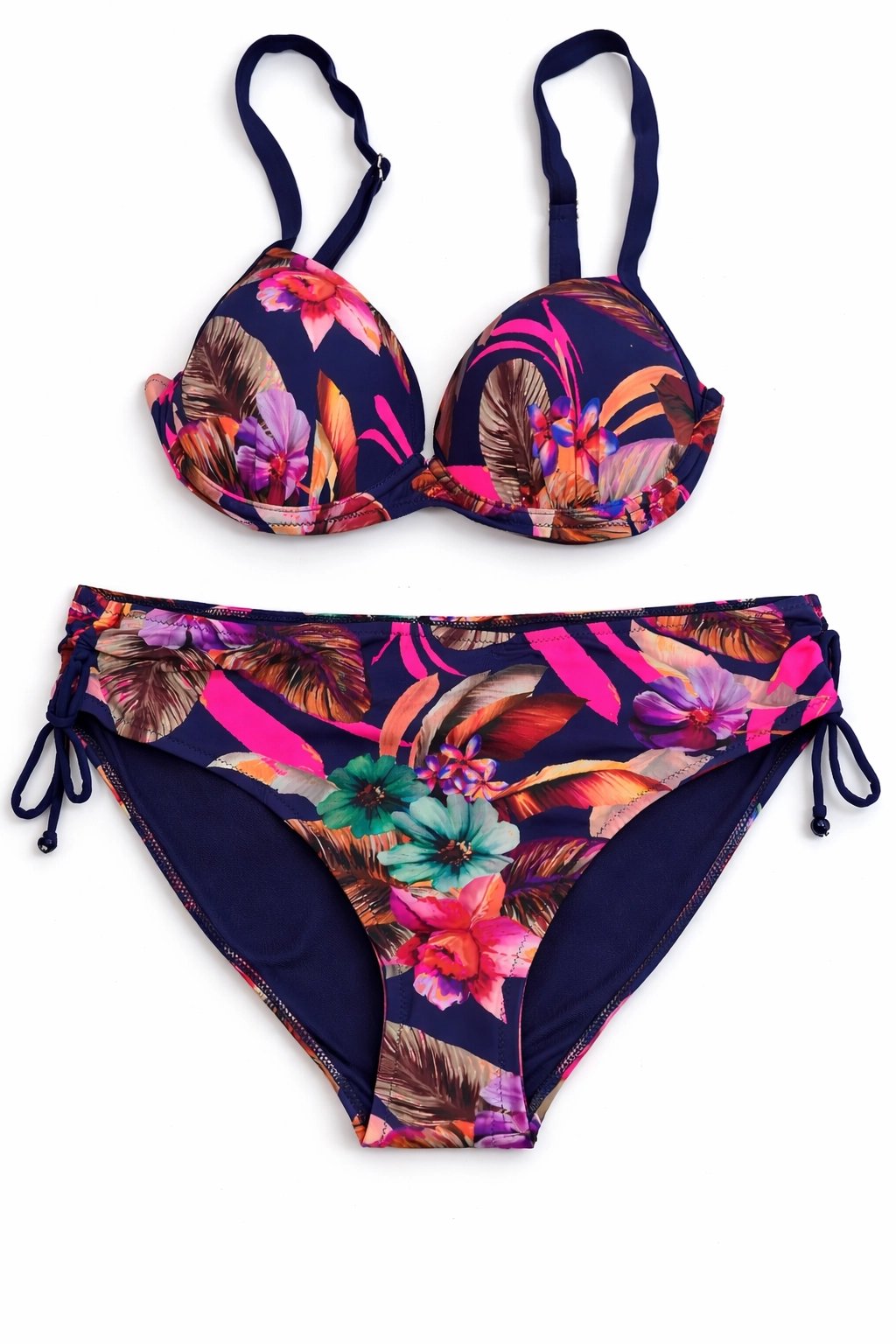 Kadın Lacivert Yaprak Desenli Askılı Yüksek Bel Toparlayıcı Bikini Takım HZL24S-LC22625