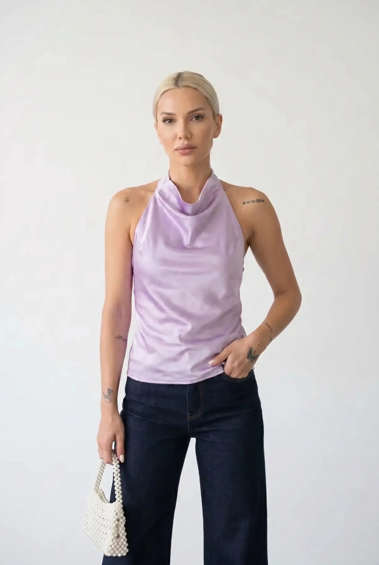 Kadın Lila Halter Yaka Saten Kumaş Sırt Dekolteli Bluz HZL26W-FRY123801