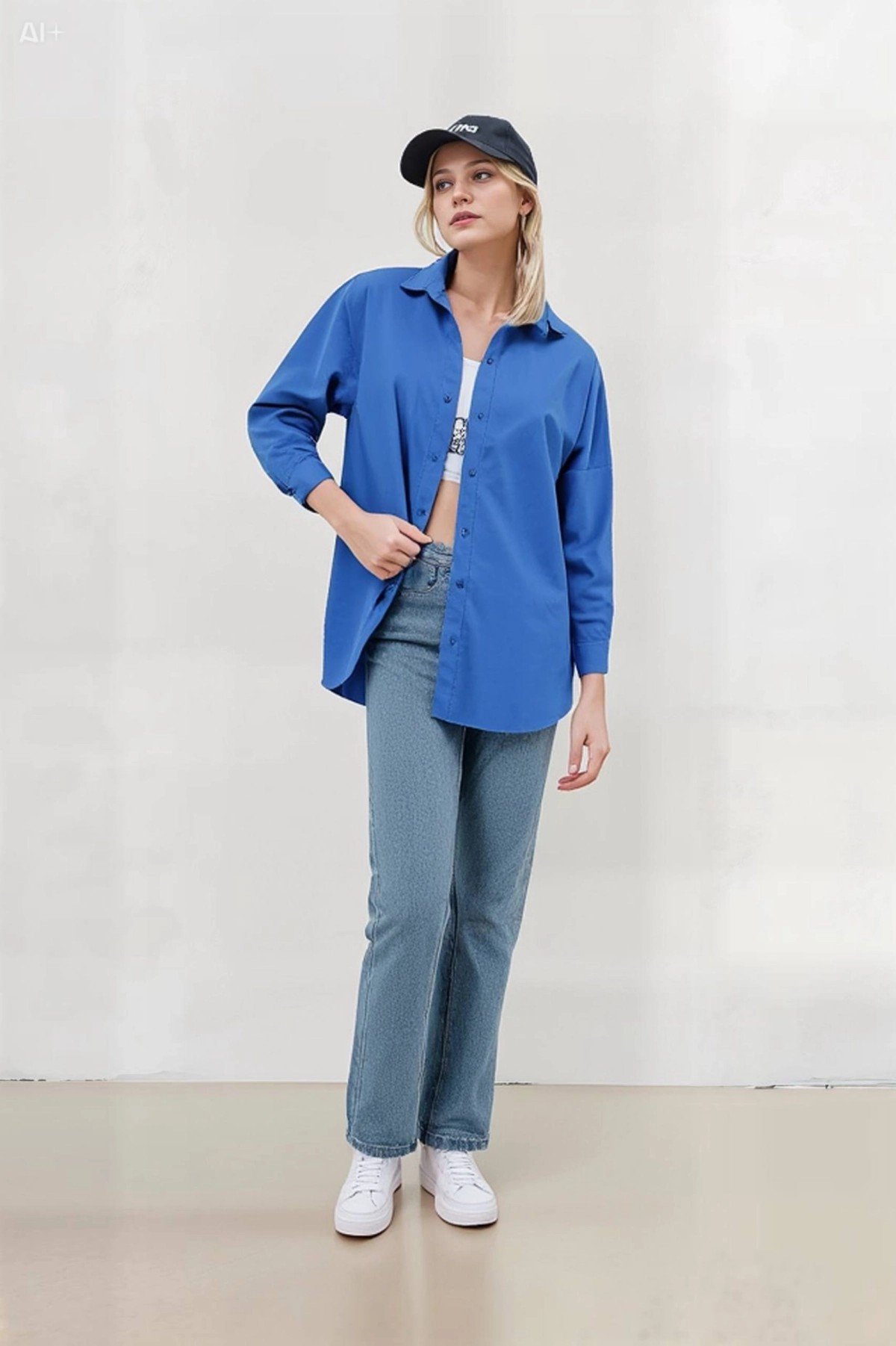 Kadın Mavi Oversize Uzun Basic Gömlek HZL22W-BD139001
