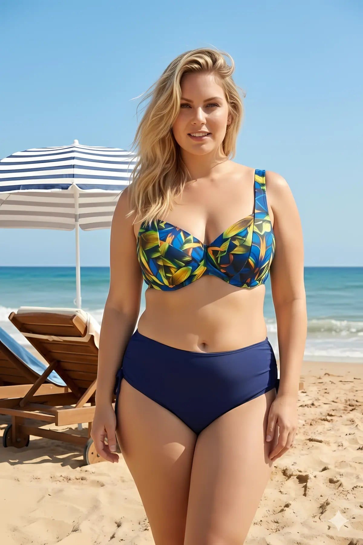 Kadın Mavi Yeşil Lacivert Desenli Toparlayıcı Balenli Büyük Beden Bikini Takımı HZL26S-LC2519