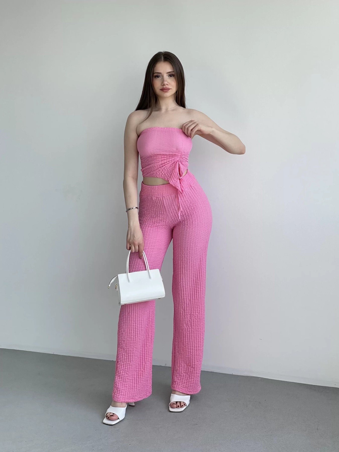 Kadın Pembe Beli Lastilkli Gofre Kumaş Pantolon HZL24S-ZK13261