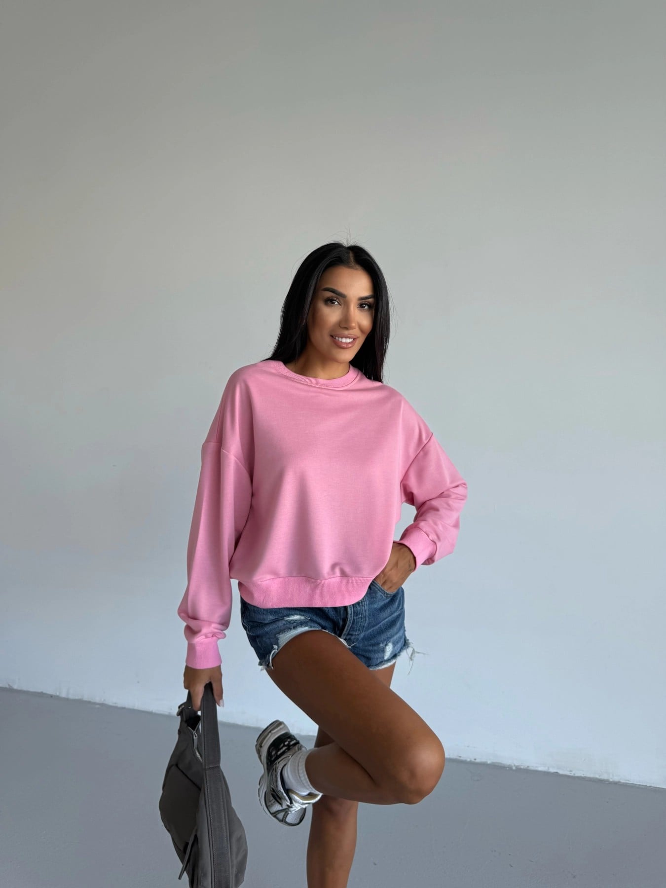 Kadın Pembe Bisiklet Yaka 2 İplik Sweatshirt HZL25W-FRY123391