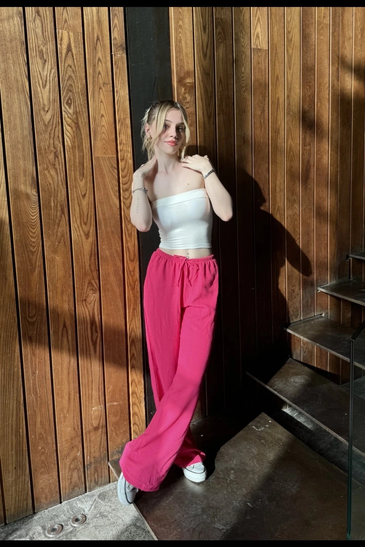 Kadın Pembe Cepli Beli Lastikli Bol Paça Keten Pantolon HZL24S-ZK11051